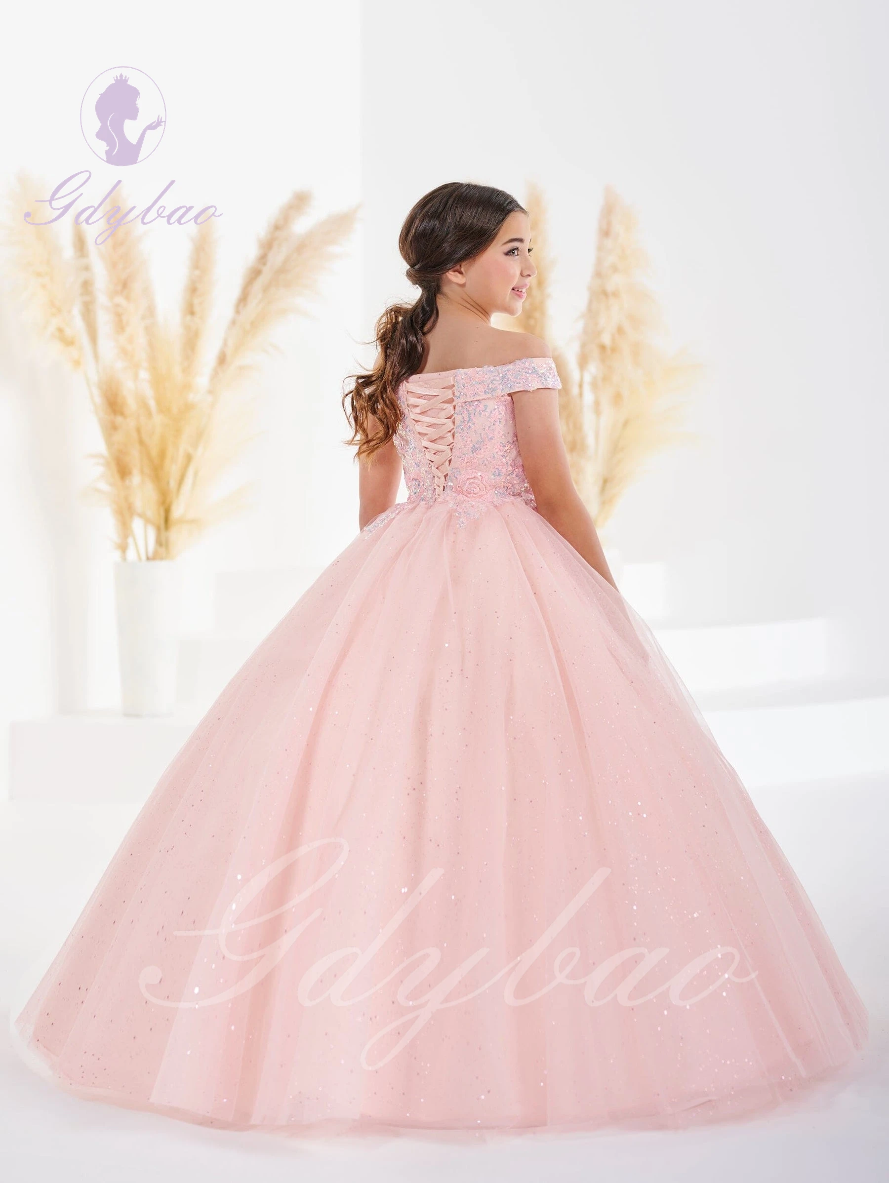 Pink Sequins Flower Girl Dress For Wedding Puffy Off Shoulder Tulle Kids Birthday Christmas First Communion Party Ball Gowns