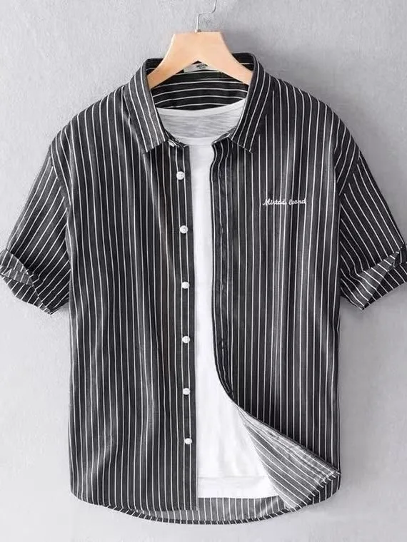 Summer Ice Silk Stripe Men's Short Sleeve Shirt Casual Loose Thin Style Fashionable Collared Top Breathable Antibacterial Ice...