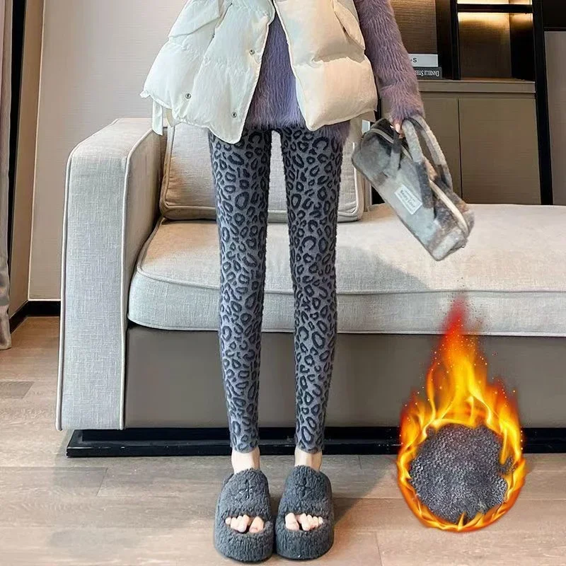 

Winter Thick Leopard Print Mink Fleece Leggings for Women's Keeping Warm High Waisted Elastic Slimming Small Leg Pants New