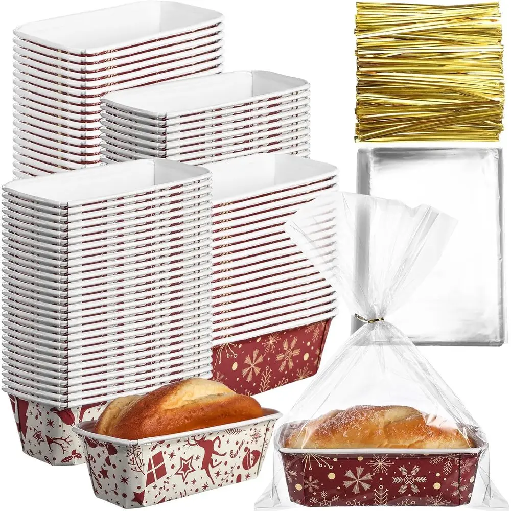 

50-Count Christmas Paper Loaf Pans, 6.3x2.2x2.2 Inch, with Clear Bags & Ties, Elegant Baking Molds for Bread & Cakes