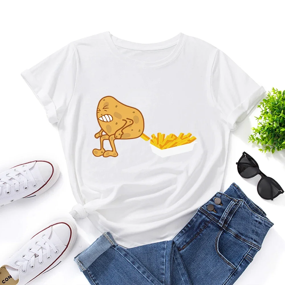 New Arrival Funny Fries and Potato T-shirt Fried Potatoes Lover Women Short Sleeve T-shirts Summer Cotton Tee Female Clothes