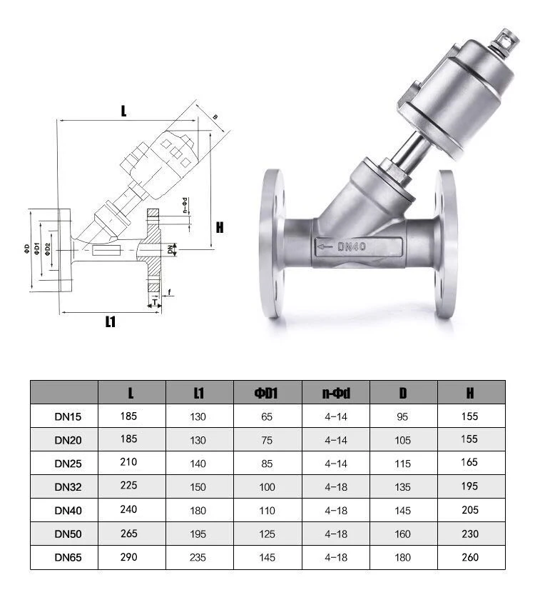 Detalhe 2 de Válvula solenoide Pneumatic actuator angle seat valve normally close DN15-DN65 flange cut-off valvehigh temperature body for steam SS 304 Água e vapor