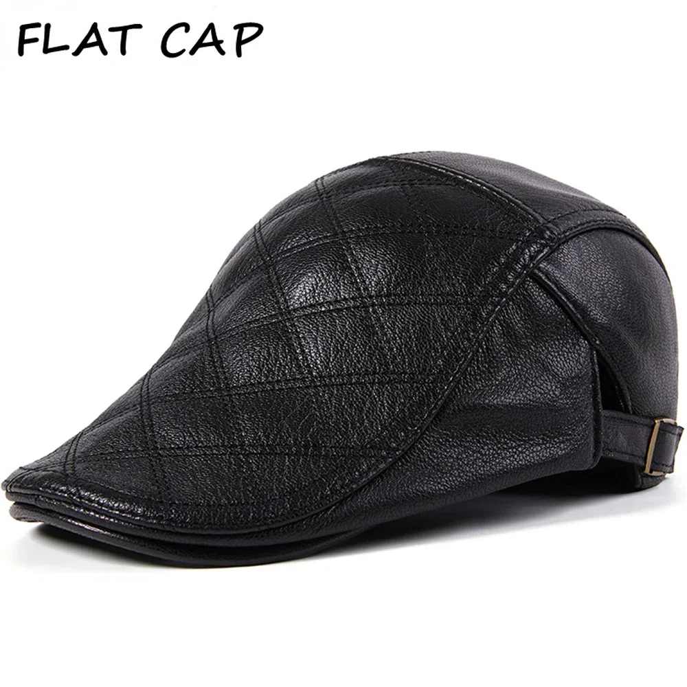 FLAT CAP Black Genuine Leather Berets for Men Real Leather Ivy Peaked Cap Autumn Winter Warm Classic Adjustable Newsboy Hat