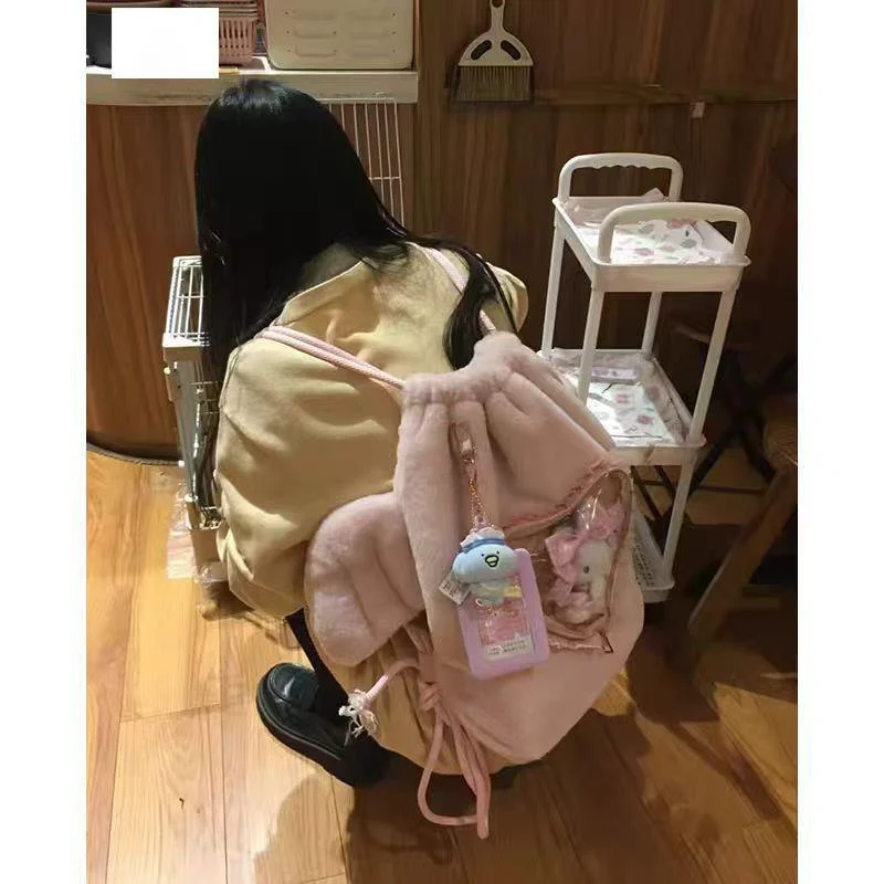 Plush Wings Itabag Y2k Bag Girl Cartoon Tassel Velvet Drawstring Fashion Backpack Angel Pain Bag Anime Messenger Backpack