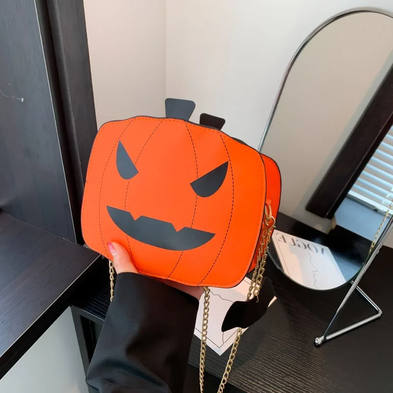 

New Funny Pumpkin Halloween Contrast Color Personality Creative One Shoulder Oblique Span Chain Bag Cartoon Halloween Bag