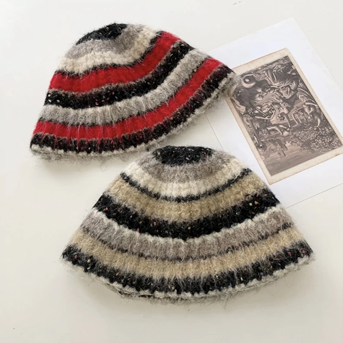 Women's hat Winter thick new style Fair Island style Striped Retro Color blocked Wool knitted hat Warm Versatile Gradient color