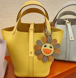 Fashion Real Calf Leather Handbag Hanging Decoration Ornament Key Chain Lovely Colorful Sun Flower Bag 10 Colors