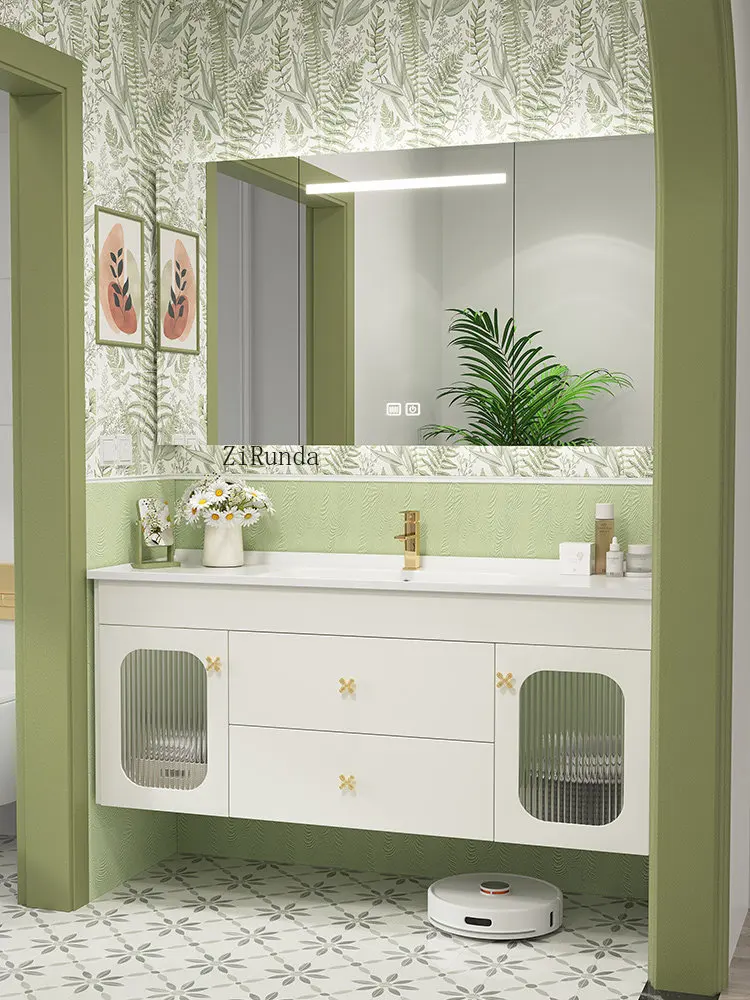 French cream wind bathroom cabinet ceramic integrated basin small fresh bathroom intelligent washbasin combination