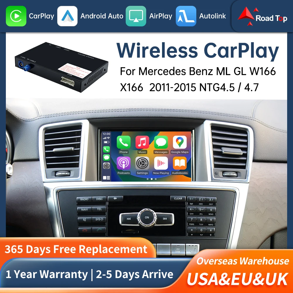 Road Top Wireless CarPlay Android Auto for Mercedes Benz ML GL W166 X166 2012-2015, with Mirror Link AirPlay Car Play Functions
