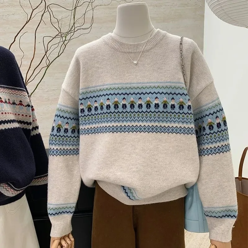Cute Little Figure Fair Isle Knit Sweater Women O-neck Loose Long Sleeve Retro Pullover Korean Style Thicken Warm Red Coat