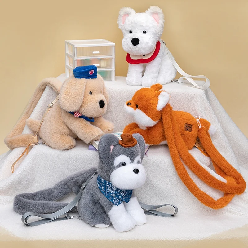 

32-35cm Kawaii Simulation Cartoon Golden Retriever Schnauzer Backpack Plush Toys Stuffed Animal Cute Lying Fox for Kids Gifts