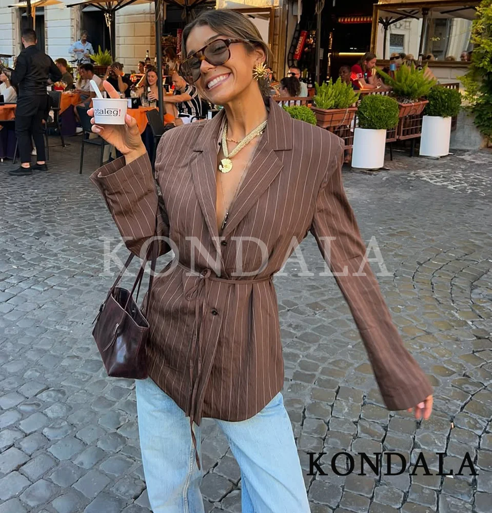 

KONDALA, полосатый пиджак с тонким поясом, женский пиджак с лацканами и пуговицами, весна-лето 2026, модные элегантные женские пиджаки