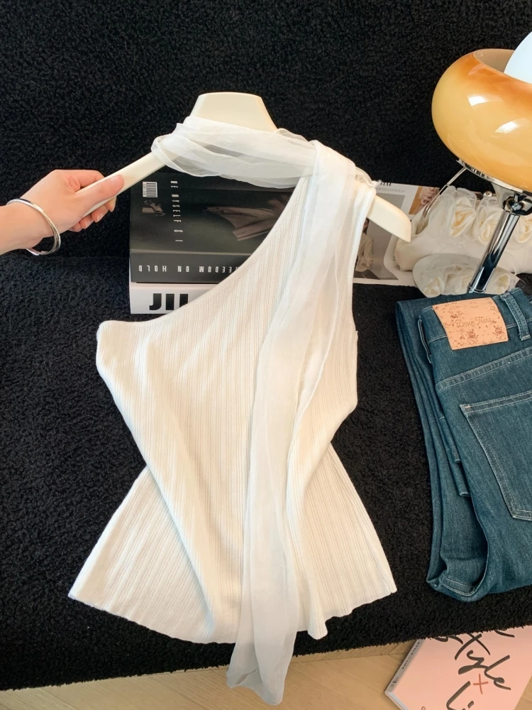 

Summer New Style Women's Knitted Strap Vest Neck Hanging Shoulder High-End Sensation Spicy Girl Top Silk Material Commute Style