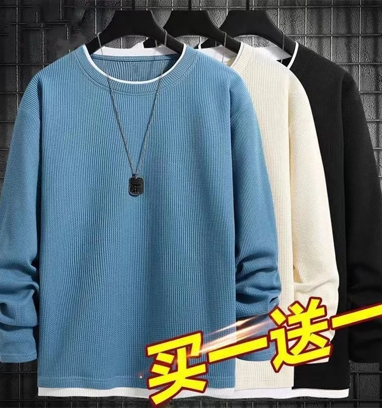 Trendy Men's Long Sleeve T-Shirt Fleece Lined Loose Fit Large Size Heavyweight Waffle Pattern Top Autumn Fashion Streetwear