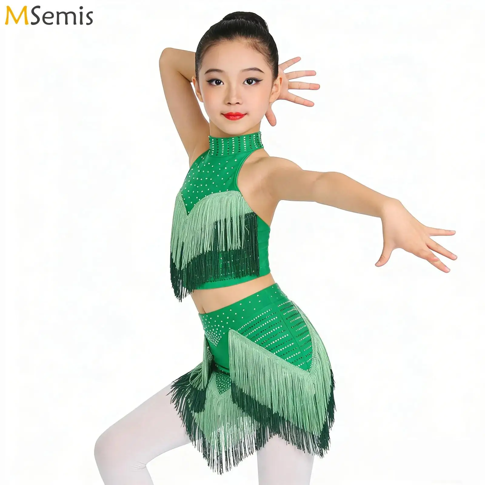 

Kids Girls Tassel Latin Dance Performance Costume Rhinestone Salsa Samba Ballroom Backless Crop Top with Built-in Shorts Skirt