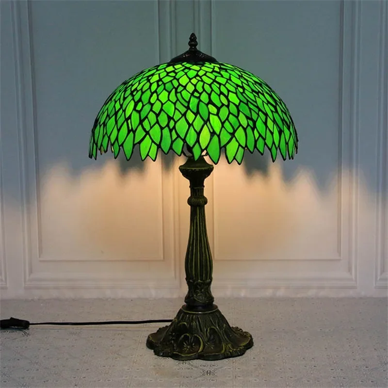 ANITA Tiffany Glass Table Lamp LED Modern Creative Green Leaf Desk Light  For Home Living Room Study Bedside Decor