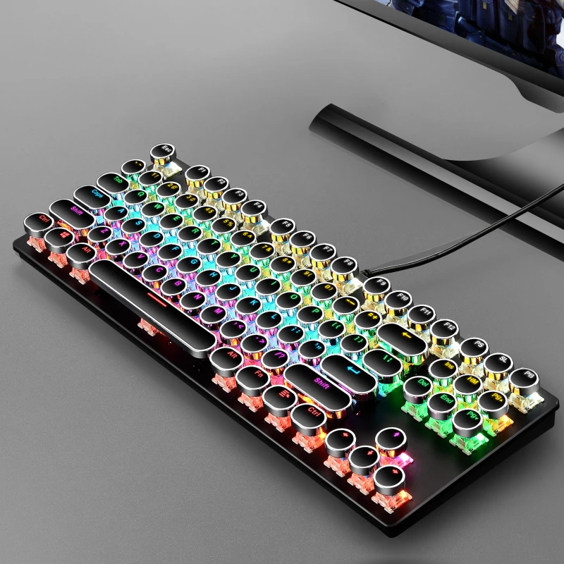 Wired mechanical keyboard punk retro typewriter round cap keyboard game mechanical mixed light RGB office keyboard