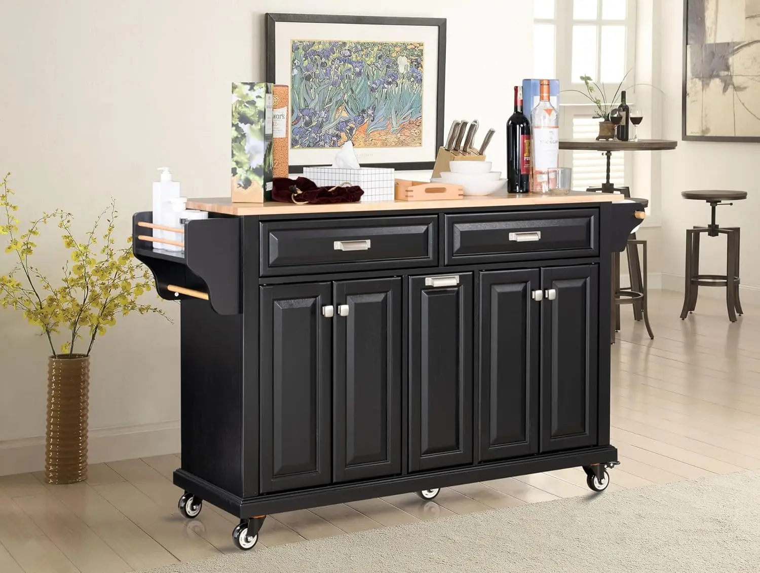 Cambridge Mobile Kitchen Island on Wheels with Storage and Wood top, Rolling Island with Spice Rack and Towel Holder,