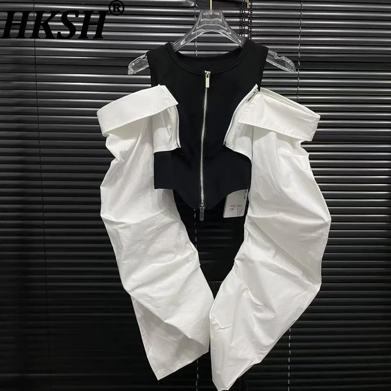 

HKSH Spring Autumn New Women's Tops Off-Shoulder Fake Two-Piece O-neck Long Sleeve Contrast Color Zipper Sexy Y2K Shirts HK13752