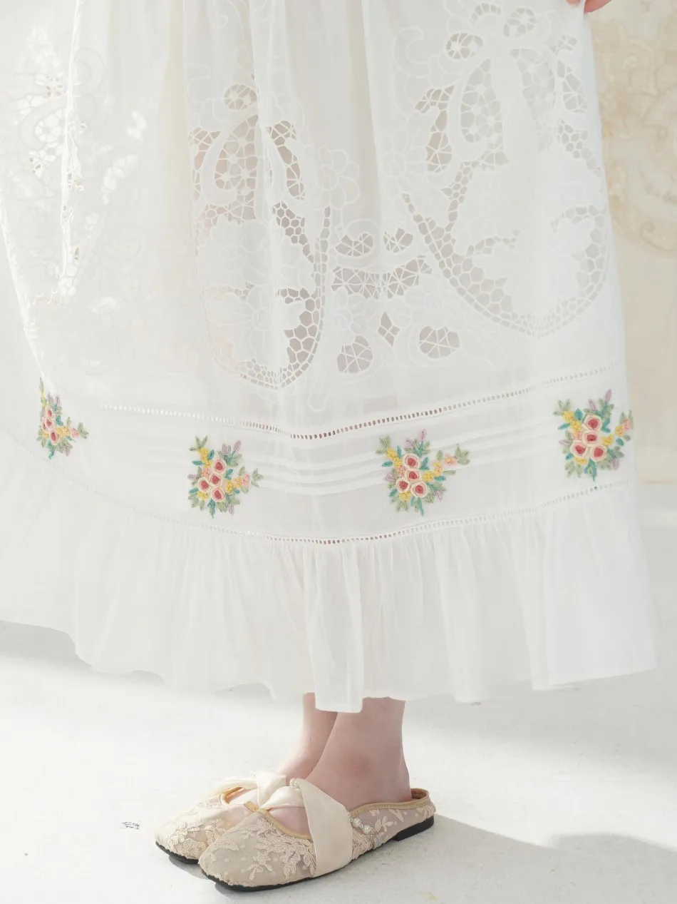 60-96cm Waist Spring Autumn White Long Skirts Women Elegant Handmade Embroidered French Crochet Fresh Pure Cotton Midi Skirts