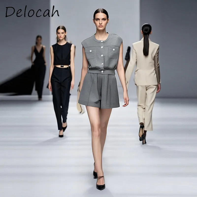 

Deloach Fashion High Quality Women's Wear Design Round Neck Sleeveless Single Breasted Top With Shorts Casual Set