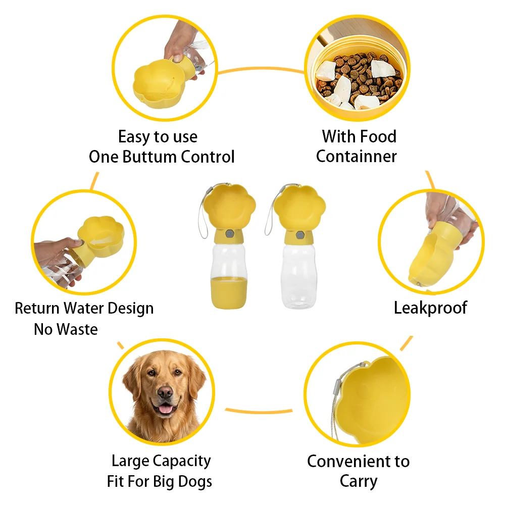 2 in 1 Dog Water Bottle With Food Container 530ml Outdoor Portable Pet Water Dispenser Feeding Bowl For Small Large Dogs Cats