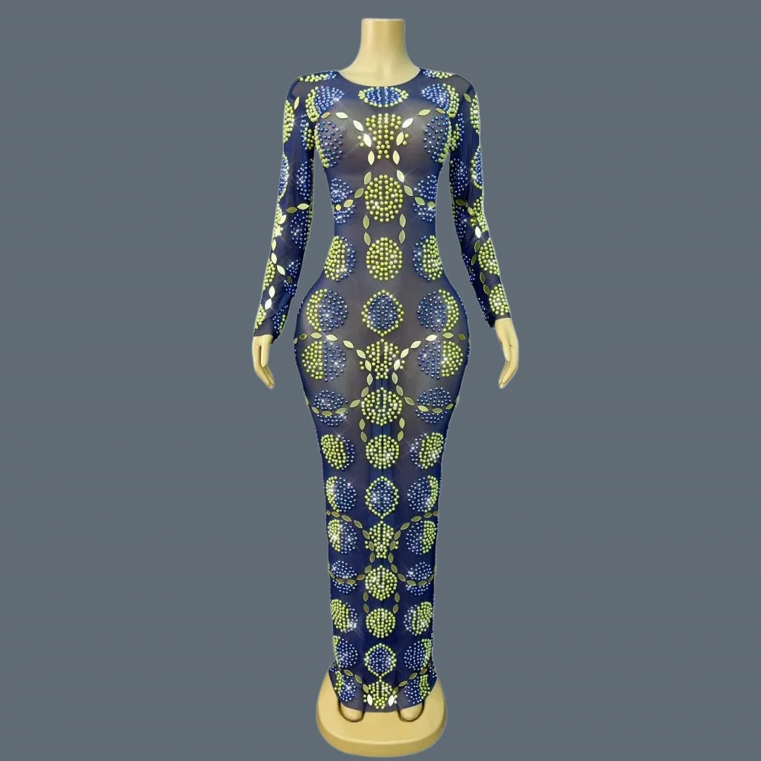 

Elegant Sparkly Rhinestone See Through Evening Dress Designer Mesh Long Dresses Sexy Women Fashion Club Party Event Gown Jinlun