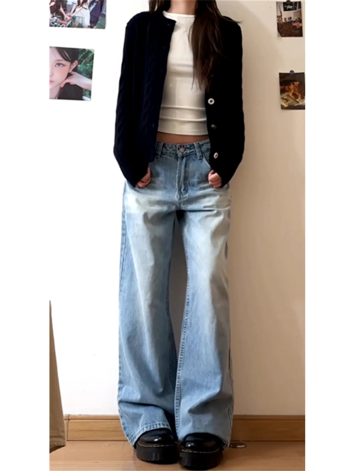 

American Vibe Light Blue Wide Leg Jeans Women Loose Drapey High Straight Tube Floor-Length Pants Spring Cotton Natural Waist