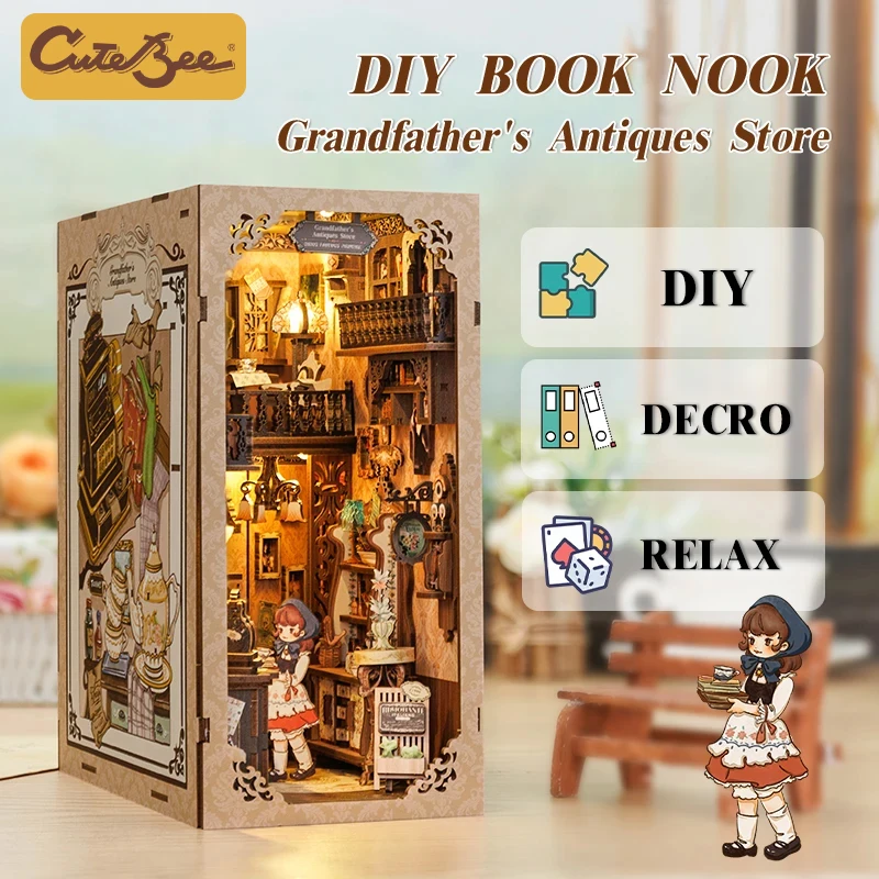 CUTEBEE-DIY Book Nook Kit, Doll House with Touch Light, Dust Cover, Retro 3D Bookshelf Insert, Gift, Antique Shop of Grandfather