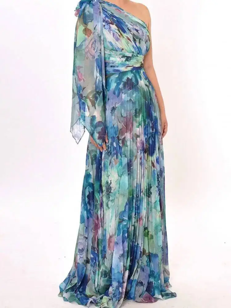 Boho Style Floral Print Pleated Maxi Womens Sexy One Shoulder Bowknot Party Summer Backless Hollow Long Dress