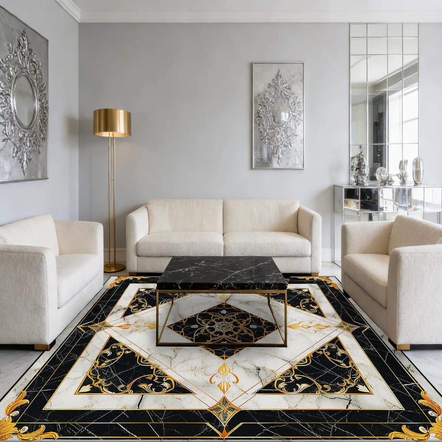 European Gold Black Large Carpet for Living Room Luxury Decoration Bedroom Area Rug Washable Marble Non-slip Alfombra Tatami Mat