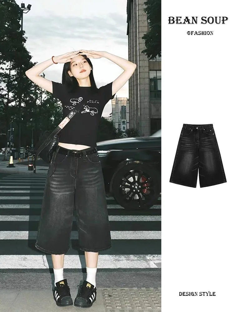 

Американские ретро-джинсы из черного денима, укороченные, на весну-лето, с высокой талией, прямого кроя, больших размеров, утягивающие, короткие шорты