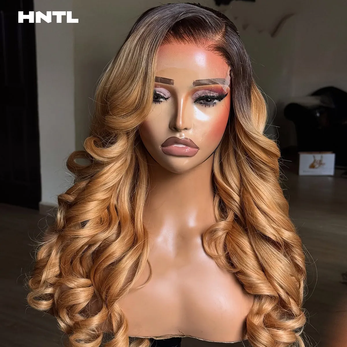 Ombre Brown Blonde Lace Frontal Glueless Wig 100% Human Hair 13x6 HD Lace Front Bouncy Curly Wigs for Woman Ready to Wear Wigs