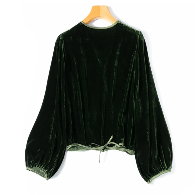 Women Silk Velvet Shirt 100% Mulberry Silk Lining Dark Green Blouse Top V Neck Loose Type Long Sleeve Cardigan Office Lady M1228