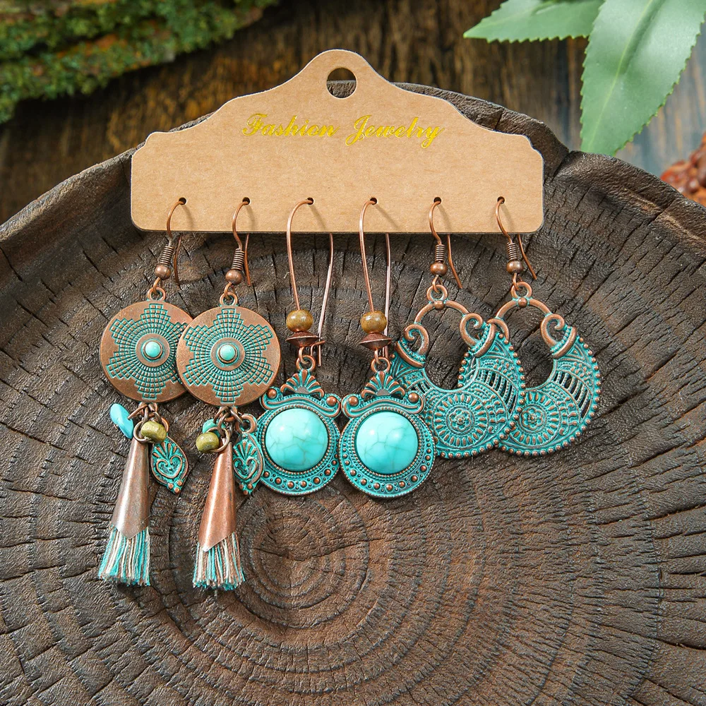 Vintage Ethnic New 2026 Bronze Earring Set Female Pendientes Boho Round Turquoises Geometry Tassel Earrings Fashion Jewelry