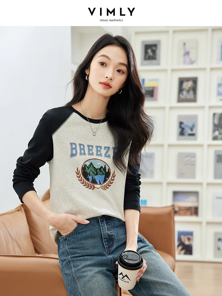 VIMLY Women's Vintage American Casual Cotton T-Shirt Autumn New Clashing Color Patchwork Print Commuter Long Seelve Blouse tops