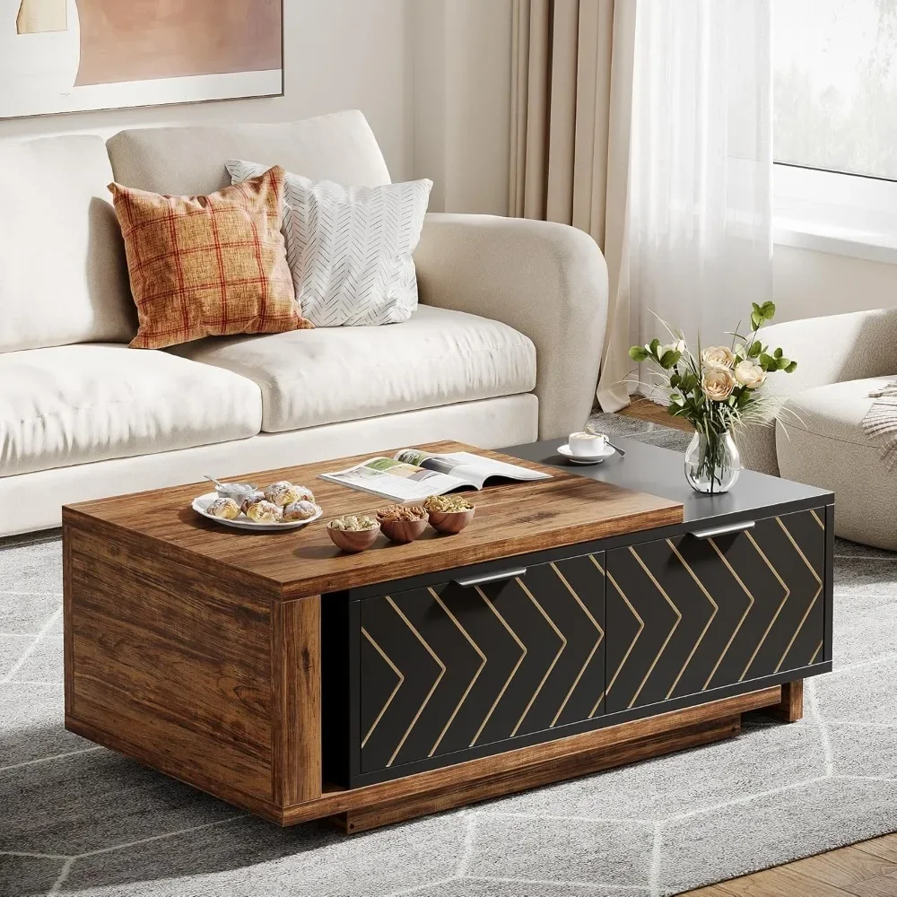 Extendable Coffee Table, 42-65 Length Adjustable Reversible Wood Coffee Table with 2 Storage Drawers for Living Room