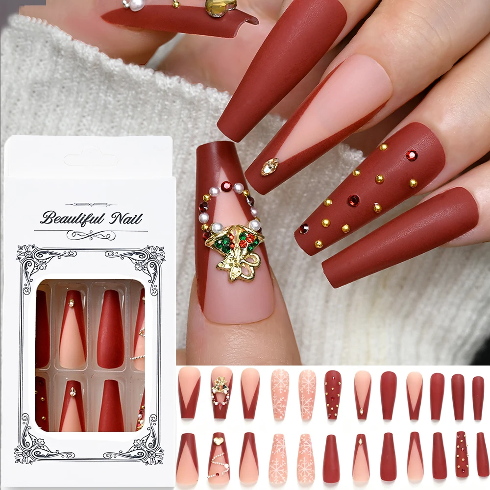 

24Pcs Retro Long Coffin Red Christmas Press On Nails 3D Luxury Wreath Rhinestones False Nail Tips White Snowflake Xmas Fake Nail