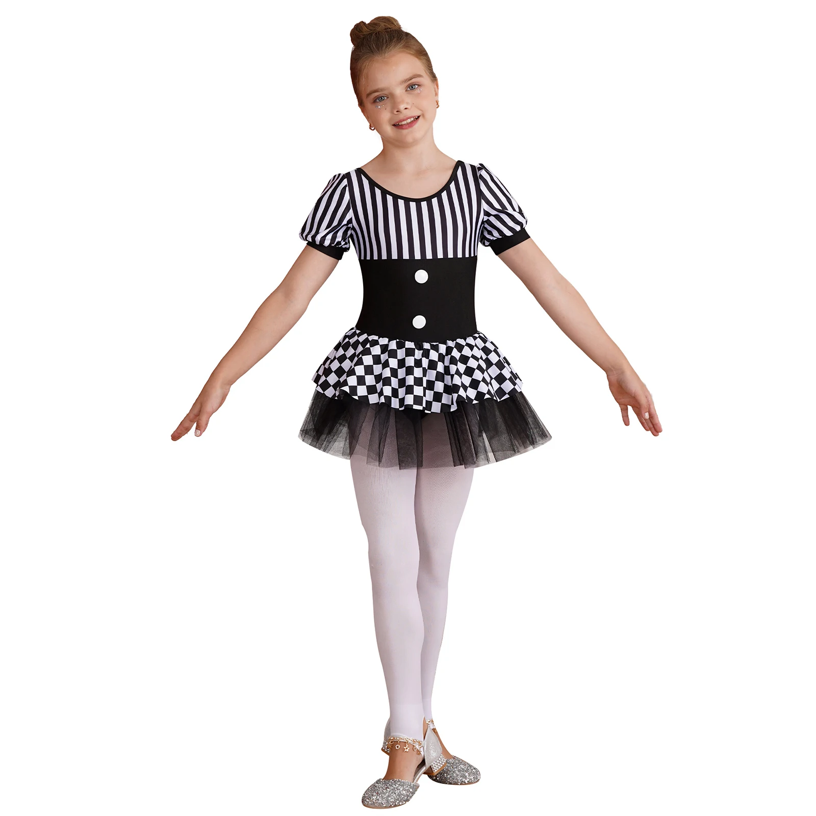 Kids Girls Halloween Circus Clown Cosplay Costume Short Sleeve Stripes Checkerboard Print Tutu Dress Leotard Ballet Dancewear