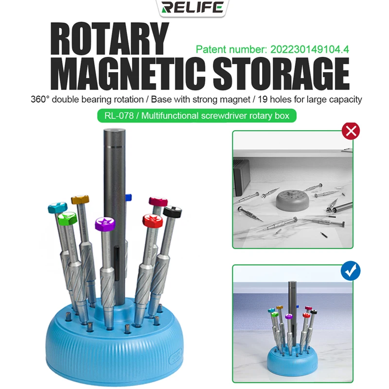 

RELIFE RL-078 Multifunctional Screwdriver Tweezers Storage Box Rotary Box 360° Rotating Screwdriver with Magnetic Decompression