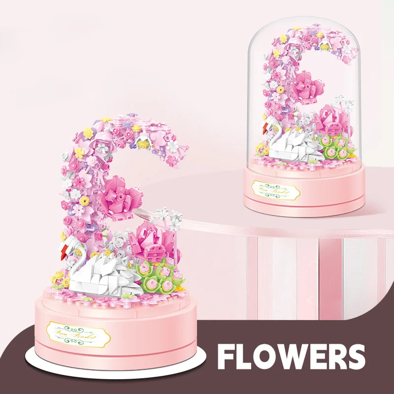 Romantic Idea Flower Building Brick Rose Moon White Swan Music Box Mini Block Assemble Model Educational Toys For Girls Gift