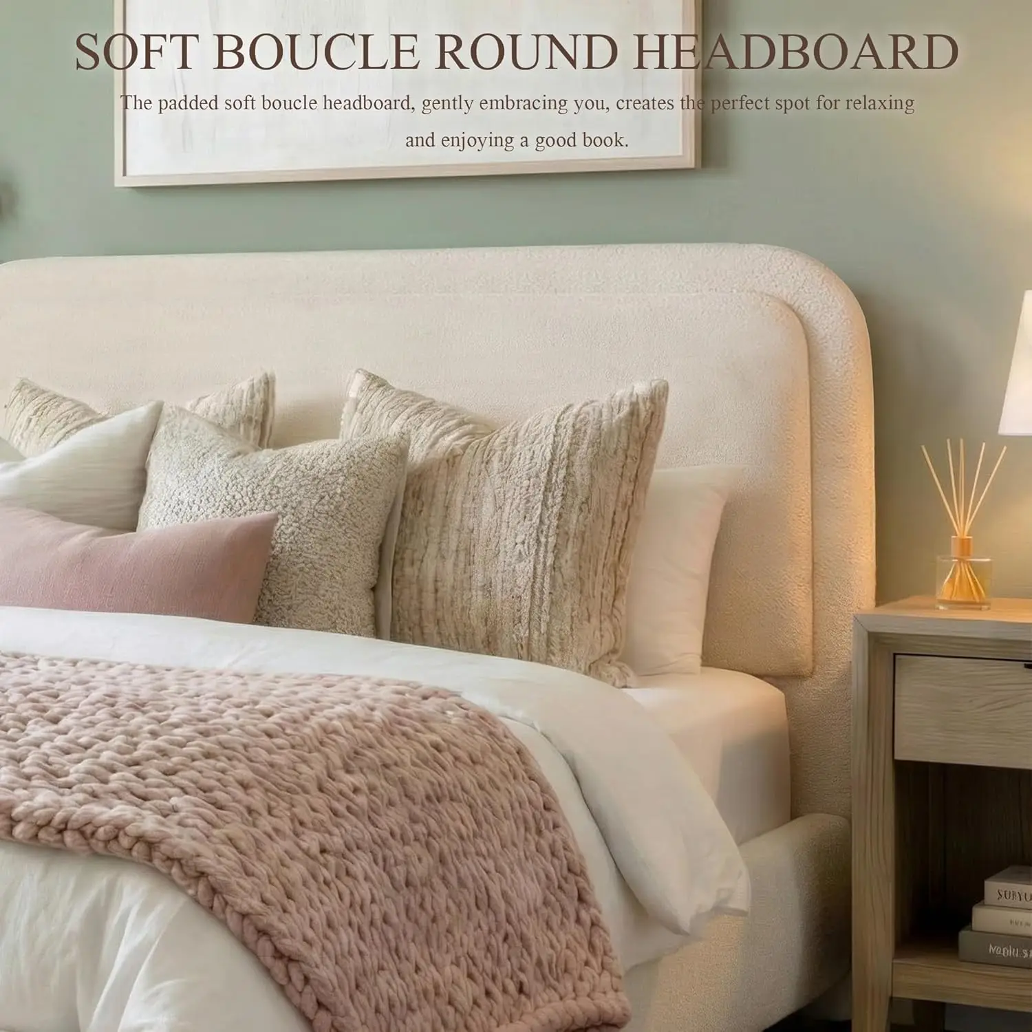 Full Size Upholstered Bed Frame Boucle Rounded Headboard Solid Wood Legs Boho Easy Assembly No Box Spring Needed, Customized image 4