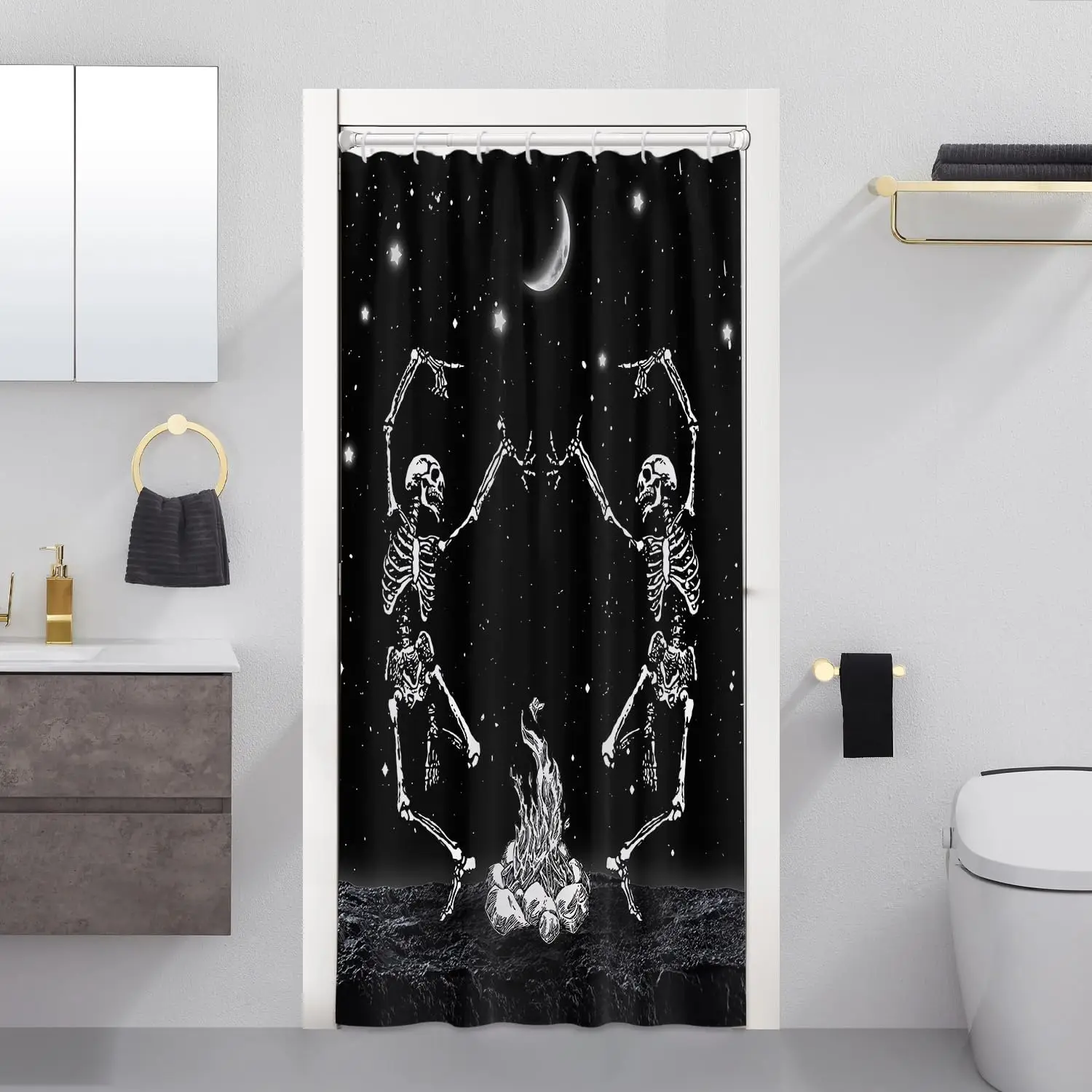 

Black White Skeleton Campfire Pattern Waterproof Shower Curtain 180x200cm - Halloween Theme Print Bath Curtain for Home Decor