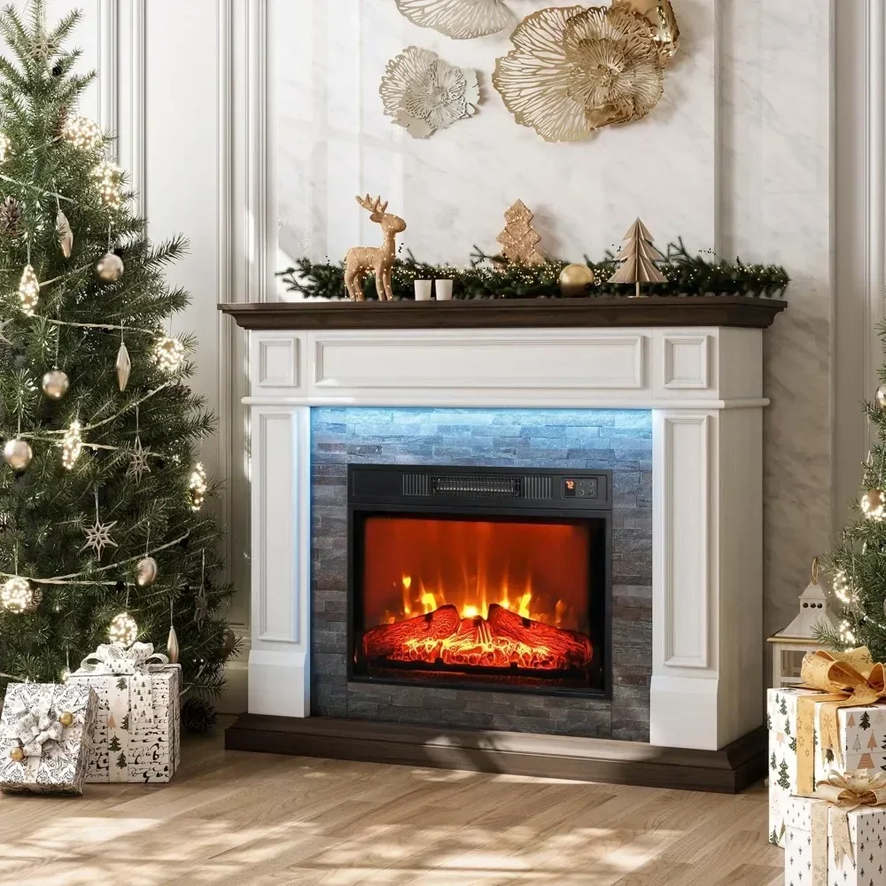 LED Electric Fireplace with Mantel, Portable Freestanding Wood Stove Heater, Realistic 3D Dancing Flame LED Effect