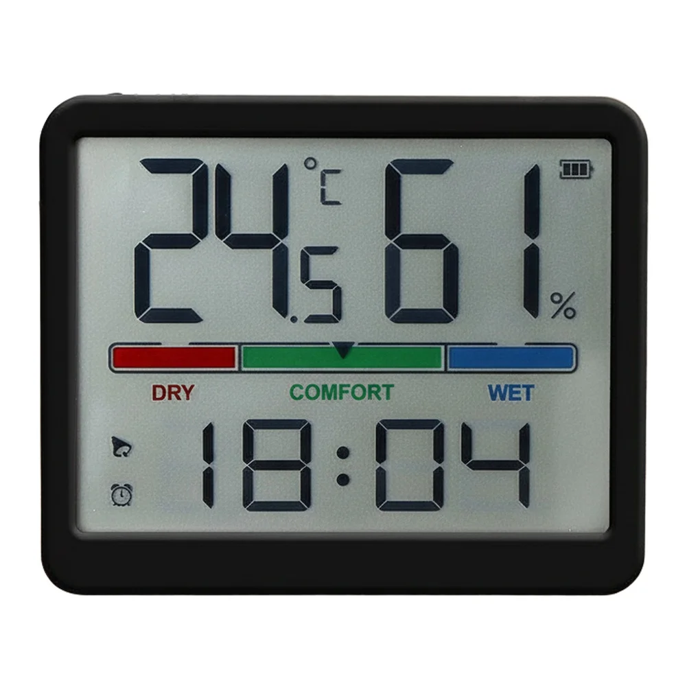 Digital Wall Mount Clock with LCD Display Showing Time Temperature and Humidity Plus Alarm for Home and Office Settings
