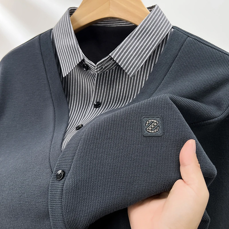 

Новое поступление весны и осени, мужская футболка с длинным рукавом, деловая повседневная деловая одежда среднего возраста, искусственная двухсекционная верхняя одежда, вязаный свитер, топ