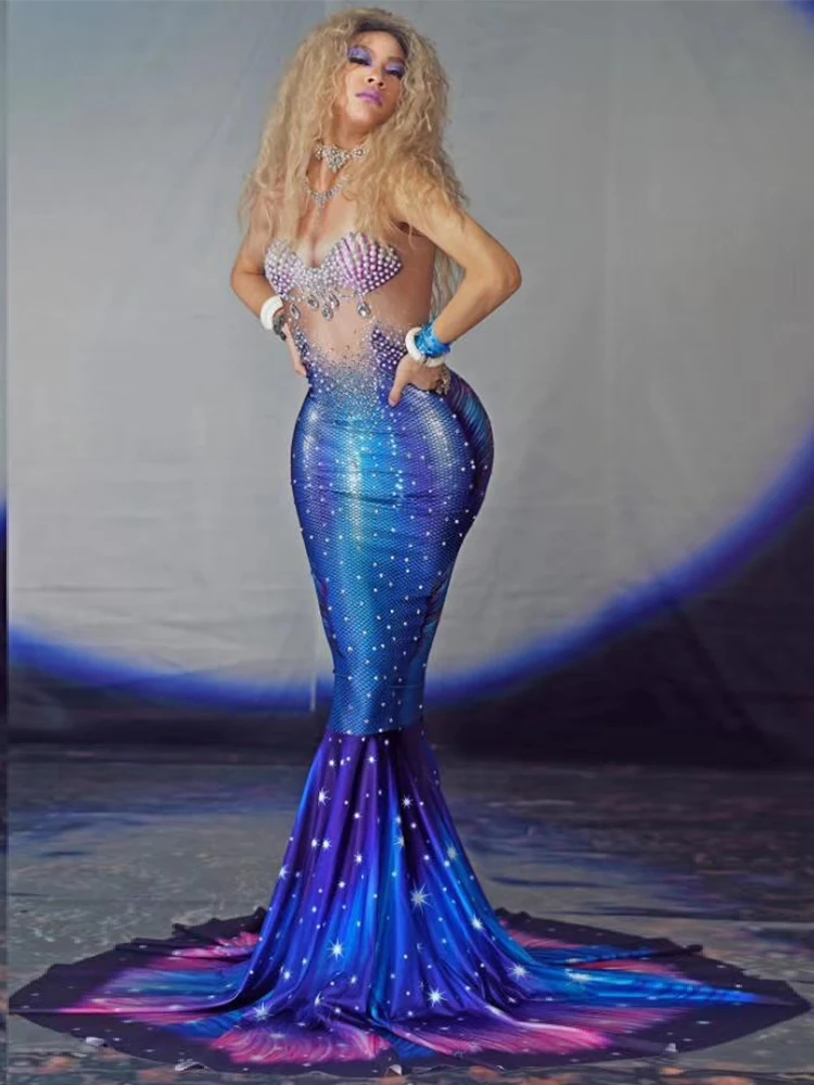 

Singer party girl Rhinestone mermaid tail dress stretch one-piece evening dress stage Celebrate the birthday take photos Clothin