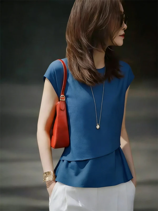 

Elegant Sleeveless Shirt Women's Fashion Patchwork Versatile Summer Top Skin-friendly Breathable Loose Fit round Neck T-shirt