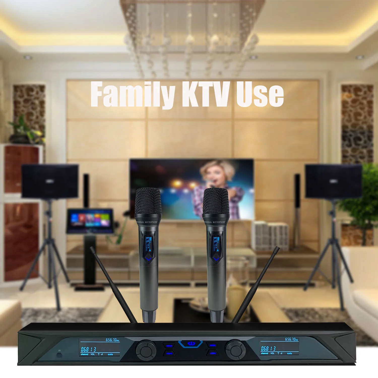 Sistema de micrófono inalámbrico, dispositivo de 2x100 canales, UHF, 100M de distancia de trabajo para KTV de escenario de Conferencia