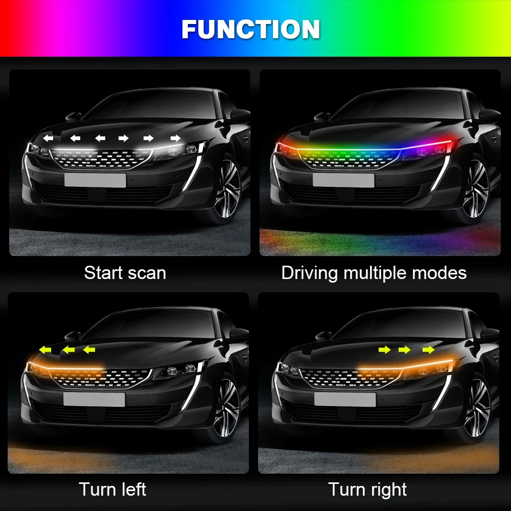 OKEEN LED DRL Car Hood Light Colorful Neon Strip With APP Control Start-Scan Driving Headlight  Auto Decorative Ambient Lamp 12V